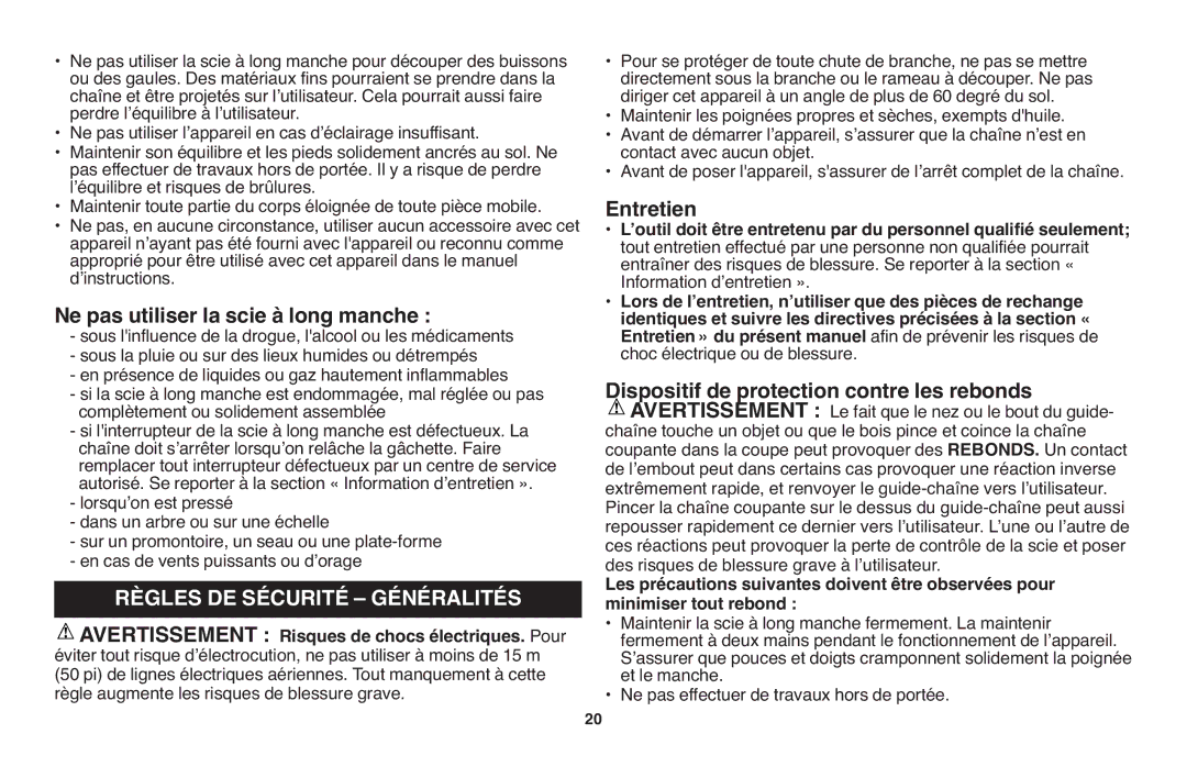 Black & Decker LPP120 instruction manual Ne pas utiliser la scie à long manche, Entretien 