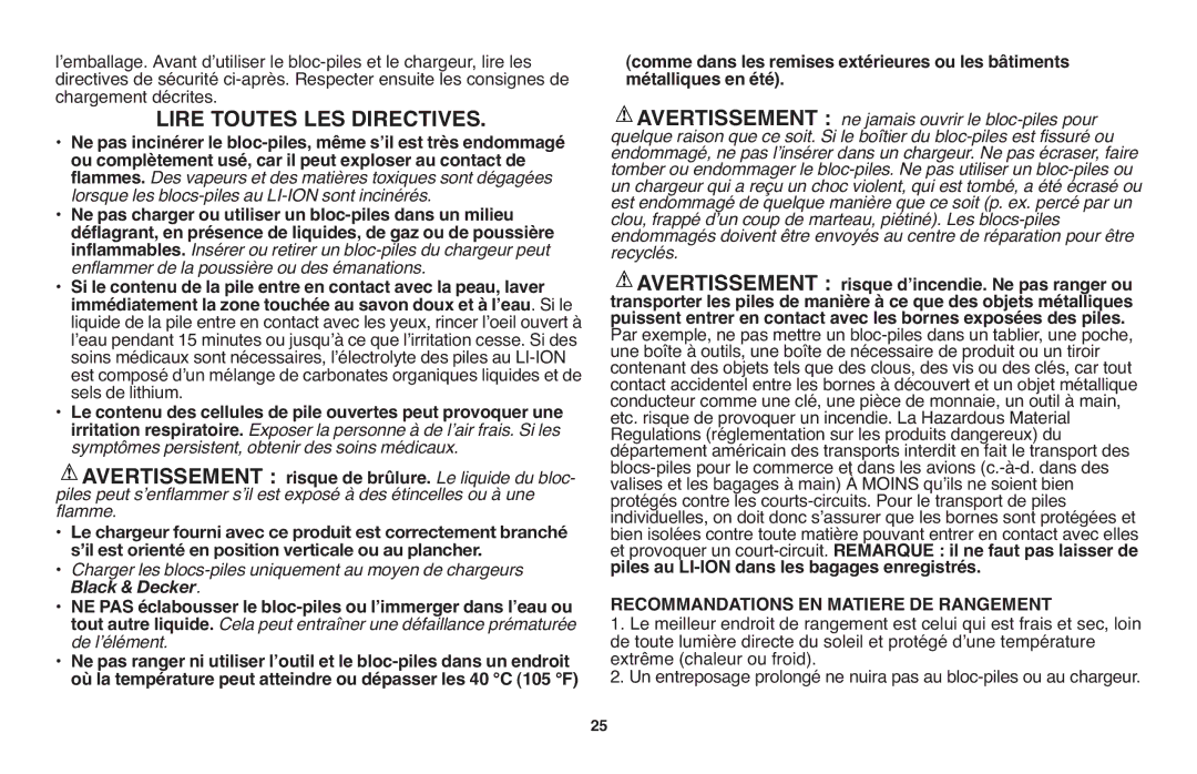 Black & Decker LPP120 instruction manual Lire Toutes LES Directives, Recommandations EN Matiere DE Rangement 