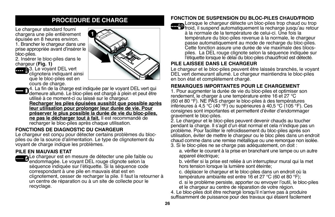 Black & Decker LPP120 instruction manual Procedure DE Charge, Fonctions DE Diagnostic DU Chargeur, Pile EN Mauvais Etat 