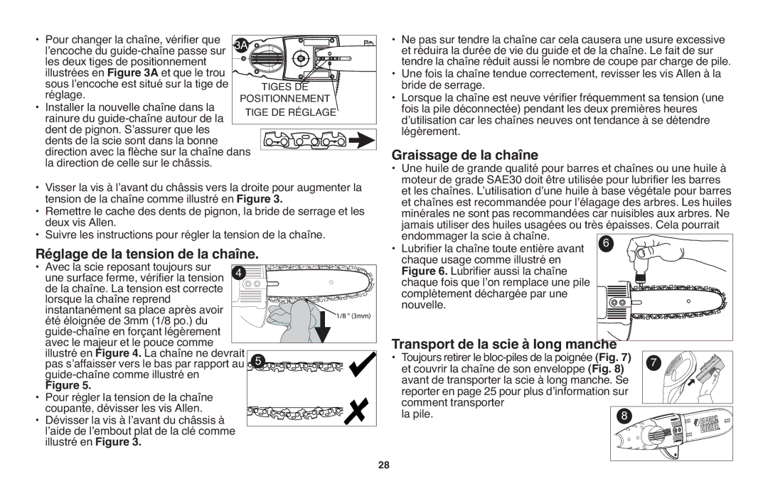 Black & Decker LPP120 Réglage de la tension de la chaîne, Graissage de la chaîne, Transport de la scie à long manche 