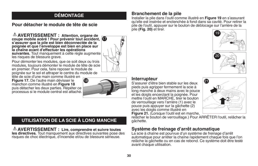 Black & Decker LPP120 Démontage, Branchement de la pile, Interrupteur, Système de freinage dʼarrêt automatique 