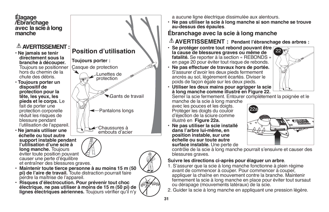 Black & Decker LPP120 instruction manual Élagage Ébranchage Avec lascieà long Manche, Ébranchage avec la scie à long manche 