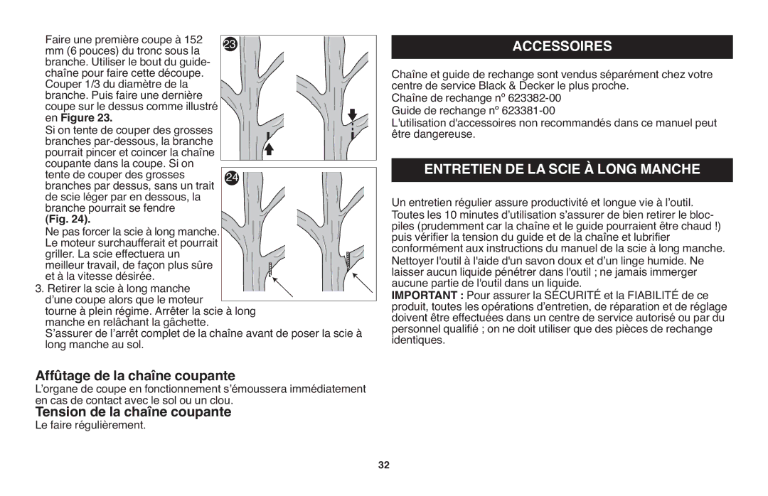 Black & Decker LPP120 Affûtage de la chaîne coupante, Tension de la chaîne coupante, Accessoires, En Figure 