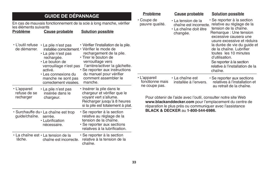 Black & Decker LPP120 instruction manual Problème Cause probable Solution possible 