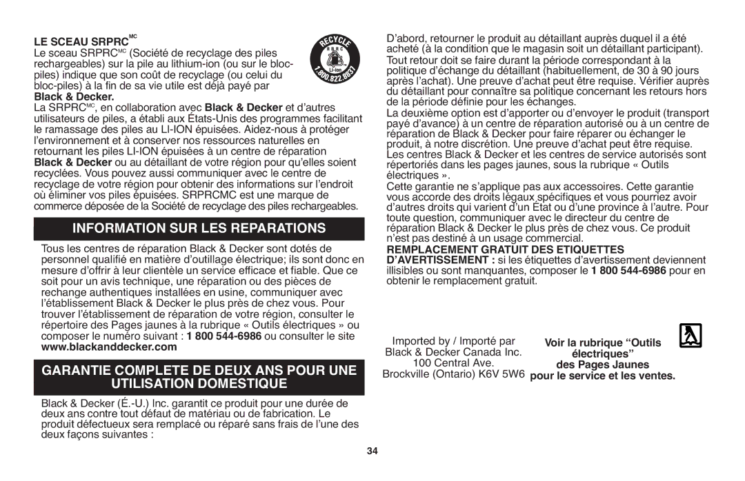 Black & Decker LPP120 Information SUR LES Reparations, Utilisation Domestique, LE Sceau Srprcmc, Black & Decker 