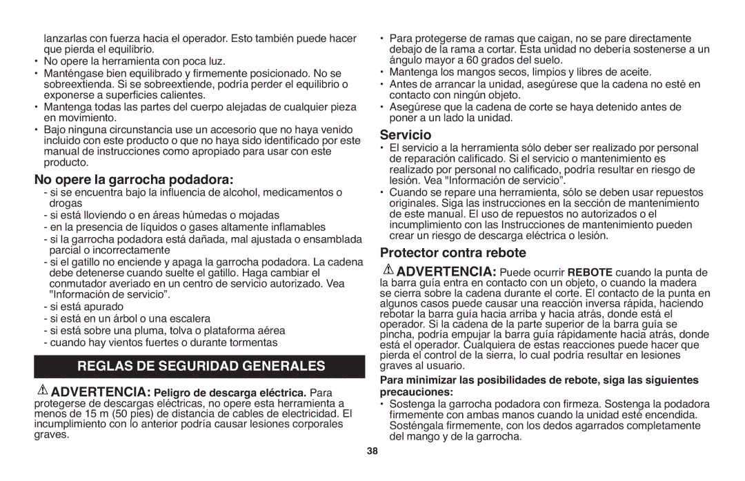 Black & Decker LPP120 instruction manual No opere la garrocha podadora, Servicio, Protector contra rebote, Precauciones 