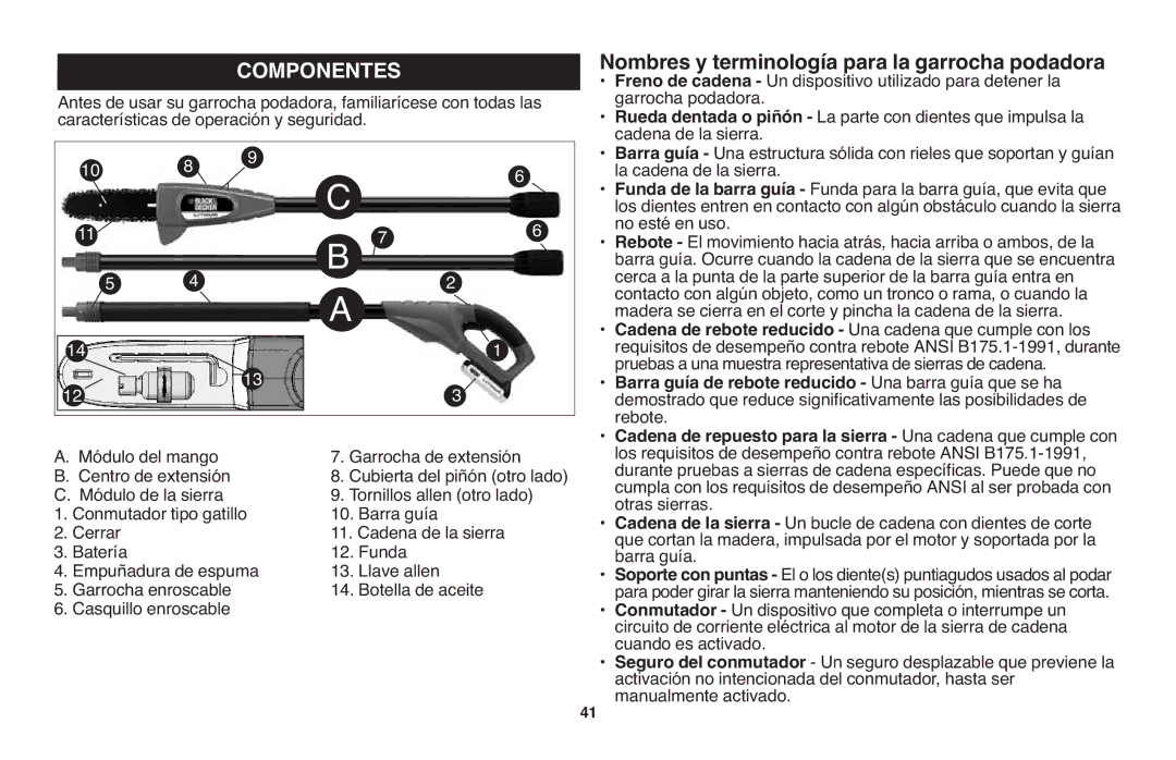 Black & Decker LPP120 instruction manual Nombres y terminología para la garrocha podadora 