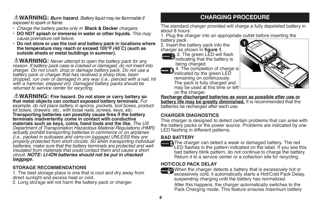 Black & Decker LPP120 Charging Procedure, Storage Recommendations, Charger Diagnostics, BAD Battery, HOT/COLD Pack Delay 