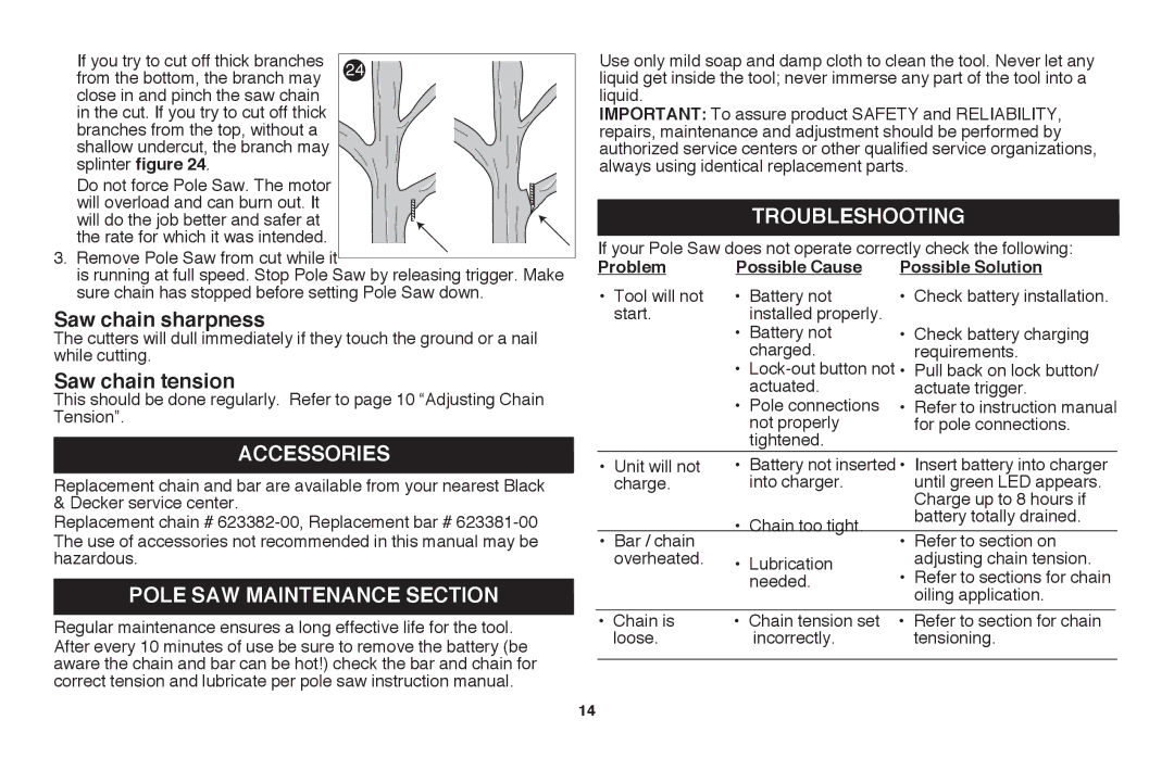 Black & Decker LPP120B Saw chain sharpness, Saw chain tension, Accessories, Pole Saw Maintenance Section, Troubleshooting 