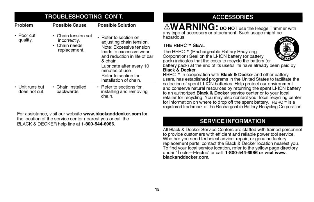 Black & Decker LPP120B instruction manual Troubleshooting Con’t, Accessories, Service Information 