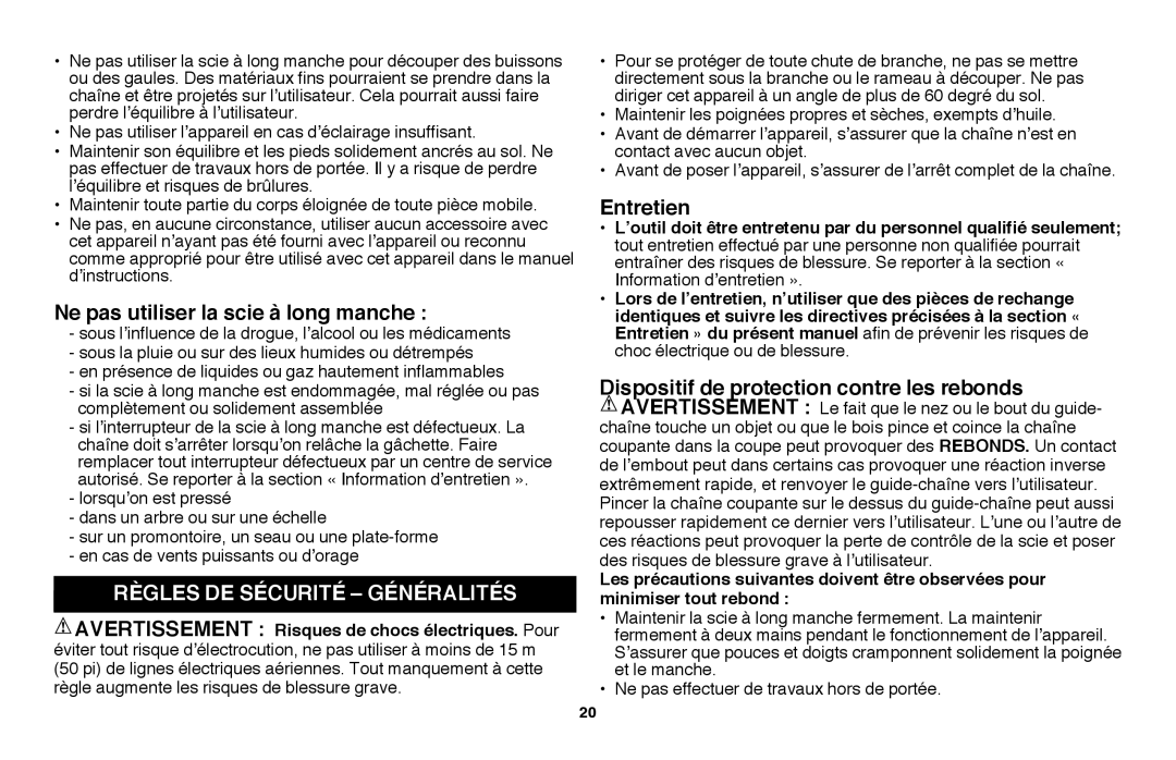 Black & Decker LPP120B instruction manual Ne pas utiliser la scie à long manche, RÈgles de sÉcuritÉ GÉnÉralitÉs, Entretien 