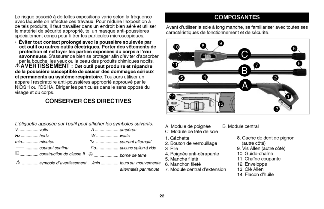 Black & Decker LPP120B instruction manual Composantes, Module de poignée Module central Module de tête de scie 