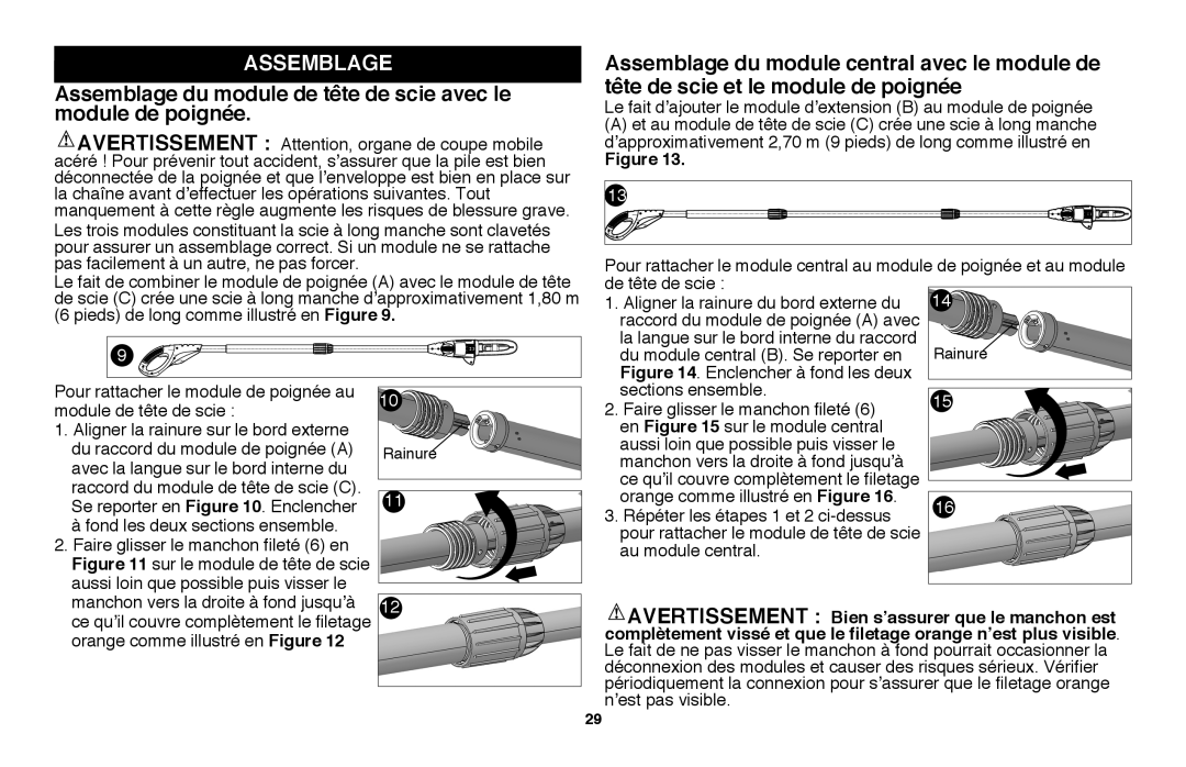 Black & Decker LPP120 Assemblage, Orange comme illustré en Figure, De tête de scie Aligner la rainure du bord externe du 