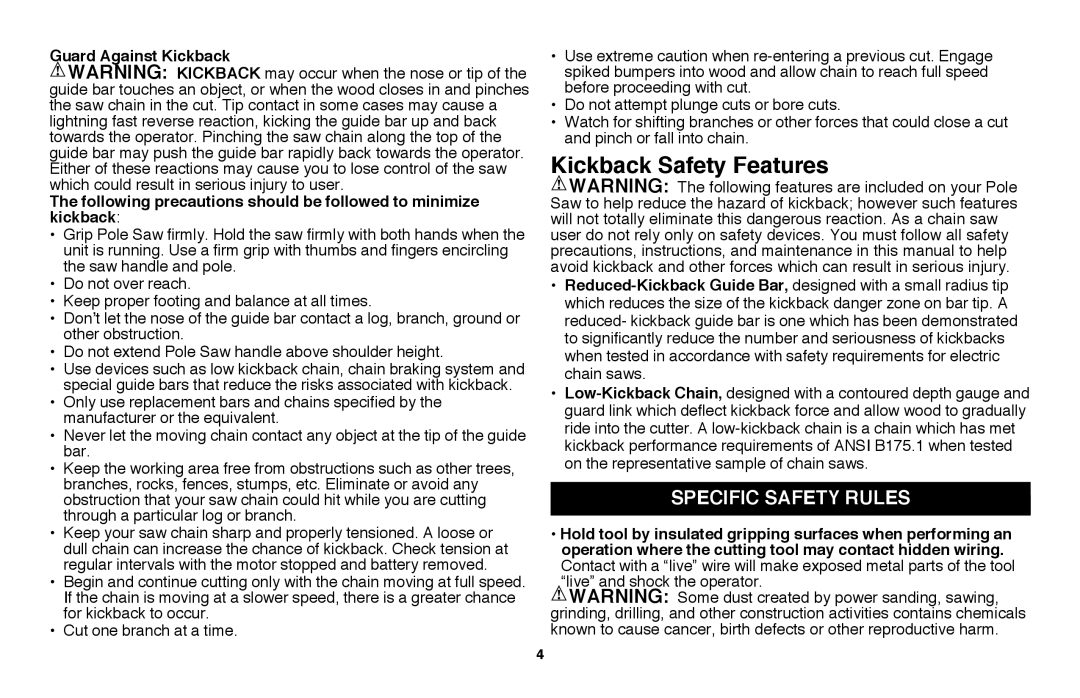 Black & Decker LPP120B instruction manual Kickback Safety Features, Specific Safety Rules 