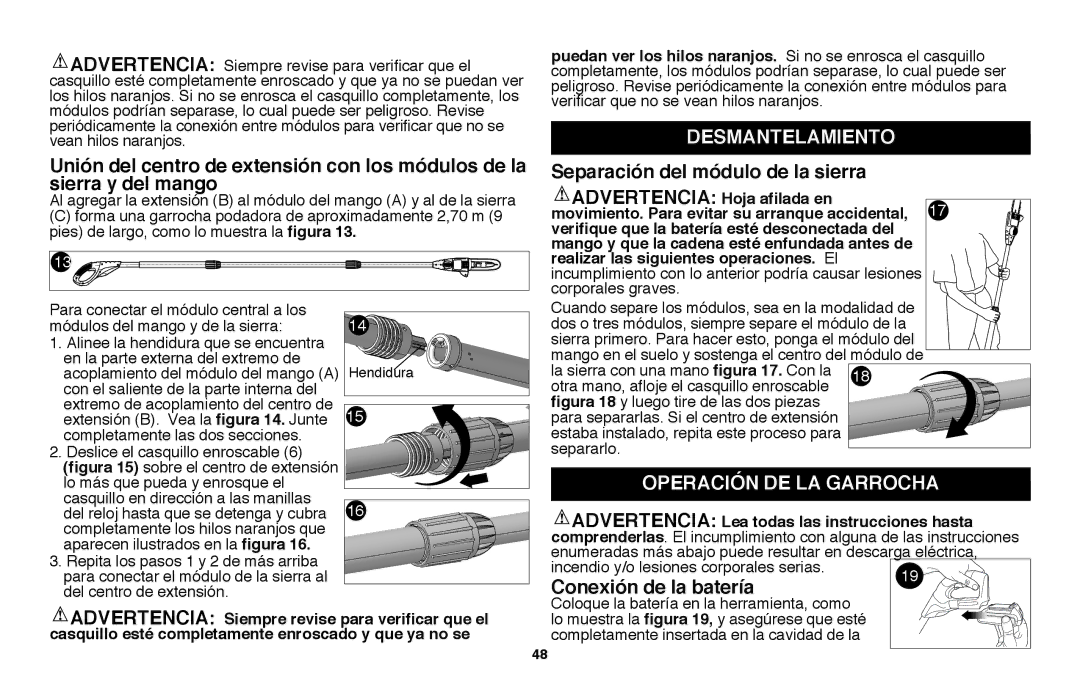 Black & Decker LPP120B instruction manual Desmantelamiento, Separación del módulo de la sierra, OperaciÓn de la garrocha 