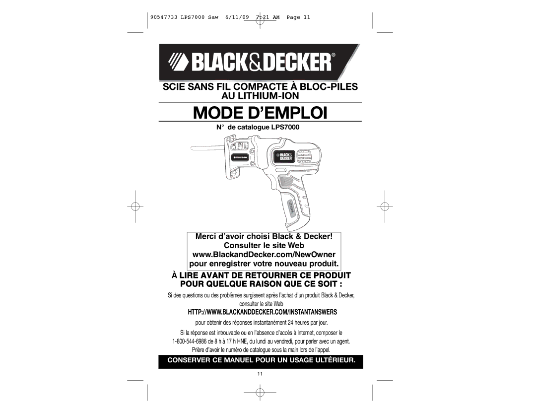 Black & Decker 90547733, LPS7000 manual Mode D’EMPLOI 