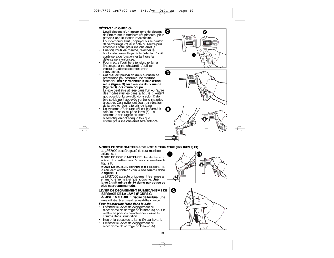 Black & Decker LPS7000 manual Détente Figure C, Mode DE Scie Sauteuse les dents de la, La figure F1, Plus est recommandée 