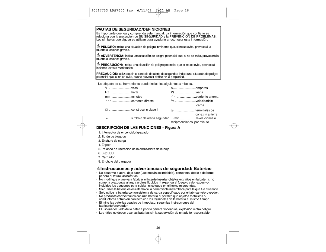 Black & Decker LPS7000, 90547733 manual Instrucciones y advertencias de seguridad Baterías, Pautas DE SEGURIDAD/DEFINICIONES 