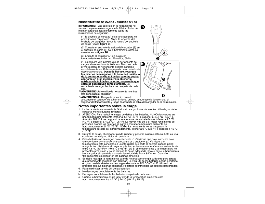 Black & Decker LPS7000, 90547733 manual Notas importantes sobre la carga, Procedimiento DE Carga Figuras B Y B1 