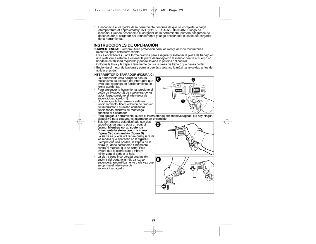 Black & Decker 90547733, LPS7000 manual Interruptor Disparador Figura C, Figura C o con ambas figura D 