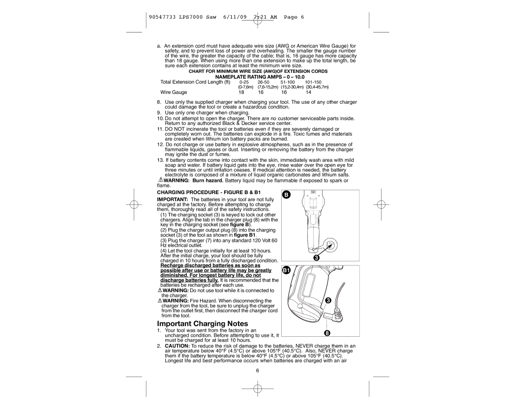 Black & Decker LPS7000, 90547733 manual Important Charging Notes, Nameplate Rating Amps 0, Charging Procedure Figure B & B1 