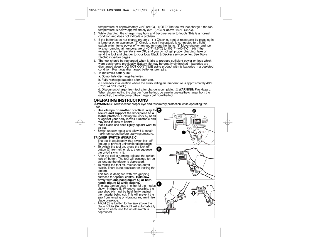 Black & Decker 90547733, LPS7000 manual Operating Instructions, Trigger Switch Figure C 