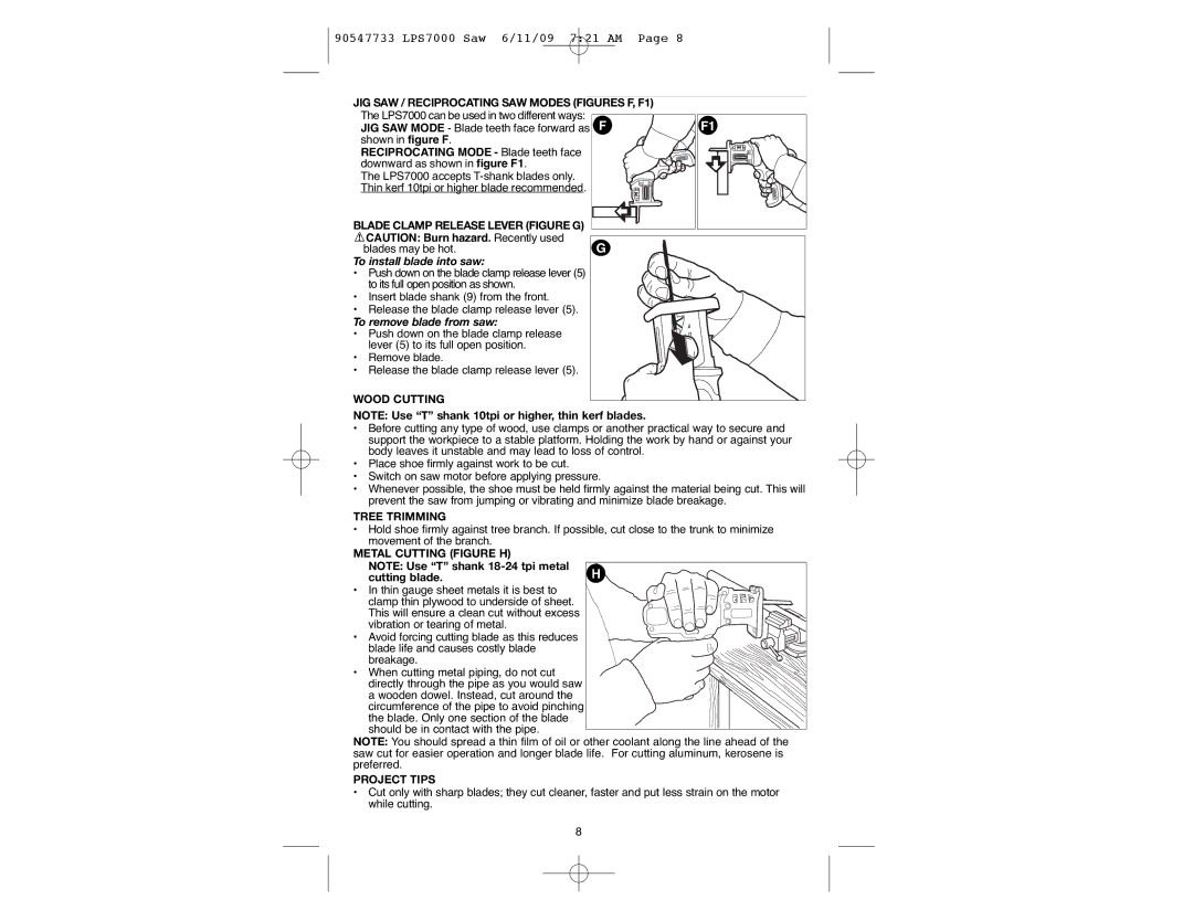 Black & Decker LPS7000 manual JIG SAW / Reciprocating SAW Modes Figures F, F1, Wood Cutting, Tree Trimming, Project Tips 
