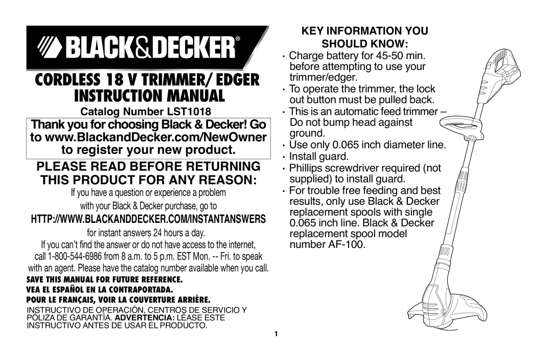 Black & Decker LST1018 instruction manual Cordless 18 V TRIMMER/EDGER 