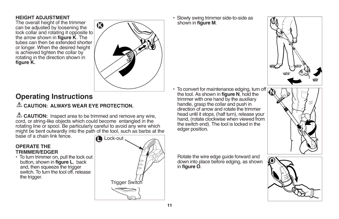 Black & Decker LST1018 instruction manual Height Adjustment, Base of a chain link fence.Lock-out, Operate TRIMMER/EDGER 