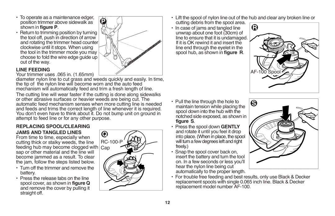 Black & Decker LST1018 instruction manual Line Feeding, Replacing SPOOL/CLEARING Jams and Tangled Lines 