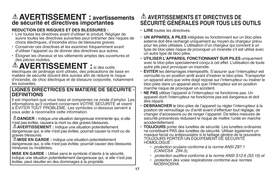 Black & Decker LST1018 Sécurité Générales Pour Tous LES Outils, Definitions, Reduction DES Risques ET DES Blessures 