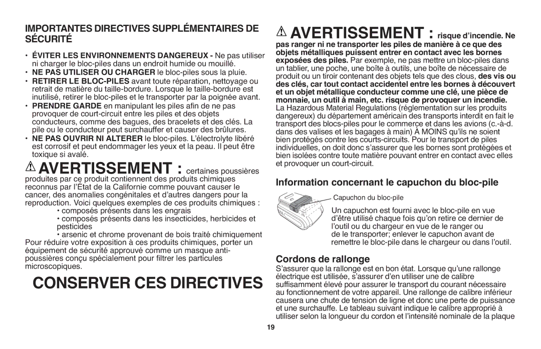 Black & Decker LST1018 MicroscopiquesCONSERVER.CES Directives, Importantes Directivessupplémentairesde Sécurité 