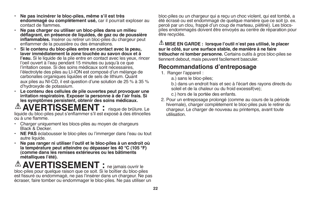 Black & Decker LST1018 instruction manual Recommandations dʼentreposage 