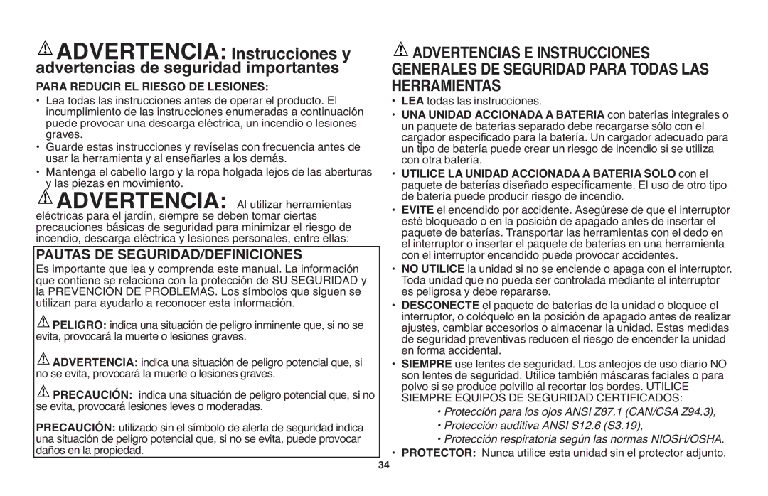 Black & Decker LST1018 instruction manual Generales DE Seguridad Para Todas LAS, Pautas DE SEGURIDAD/DEFINICIONES 