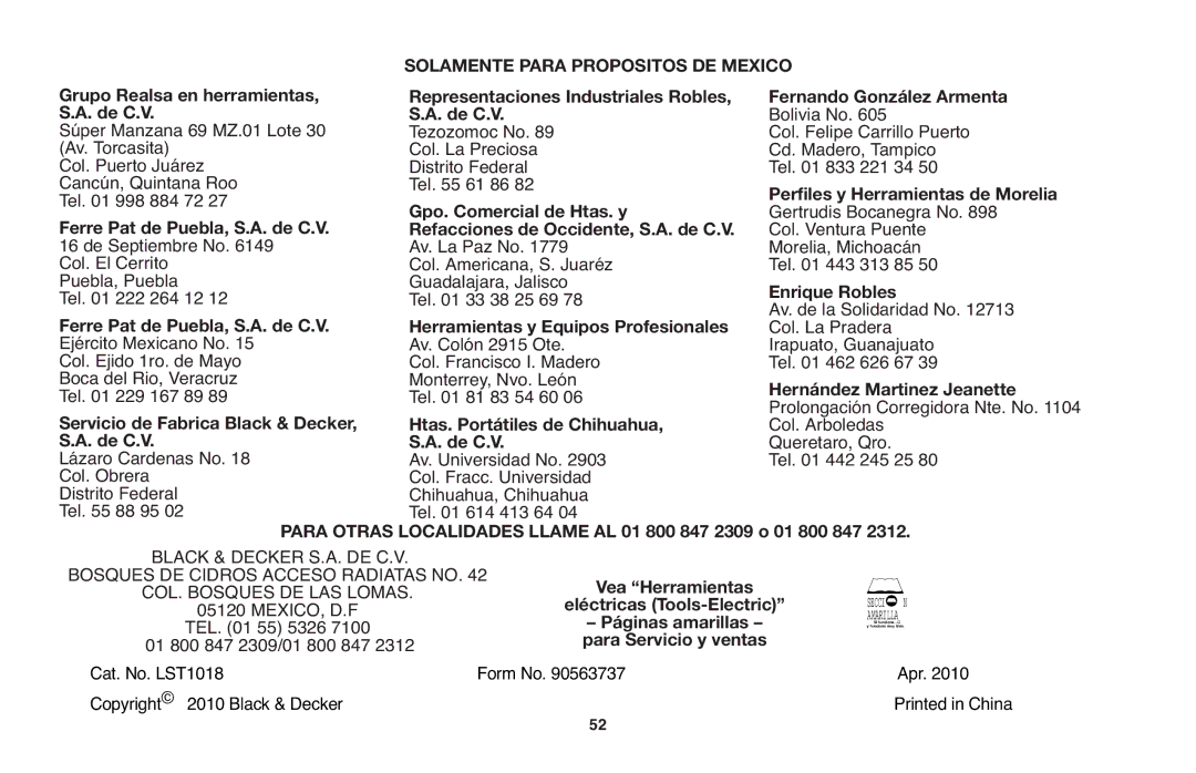 Black & Decker instruction manual Black & Decker S.A. DE C.V, Form No Apr Cat. No. LST1018 Copyright 2010 Black & Decker 