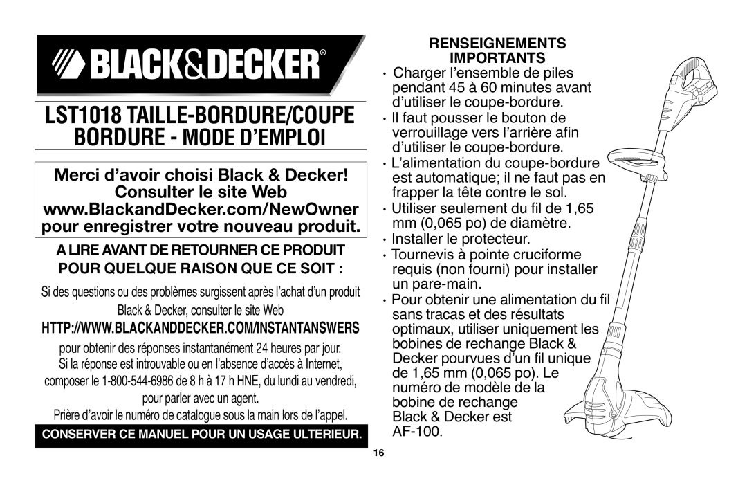 Black & Decker instruction manual LST1018 TAILLE-BORDURE/COUPE BORDURE - MODE D’EMPLOI, Renseignements Importants 
