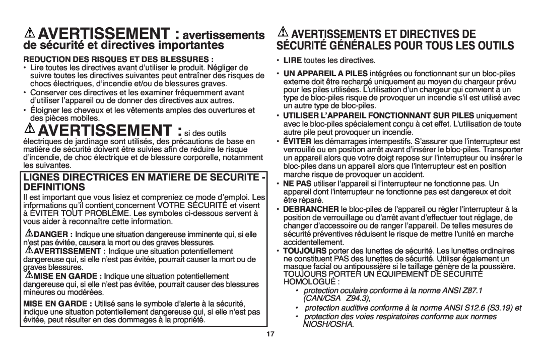 Black & Decker LST1018 AVERTISSEMENT avertissements, Avertissements Et Directives De, Definitions, Niosh/Osha 