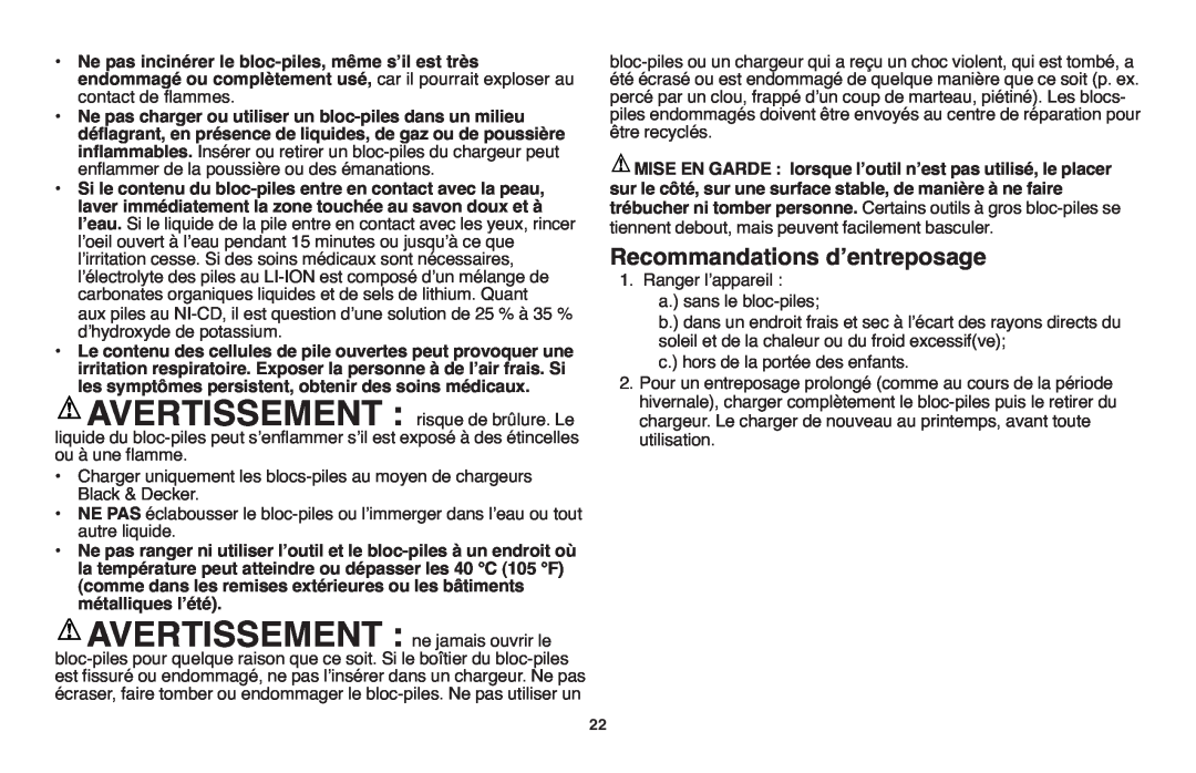 Black & Decker LST1018 instruction manual Recommandations dʼentreposage 