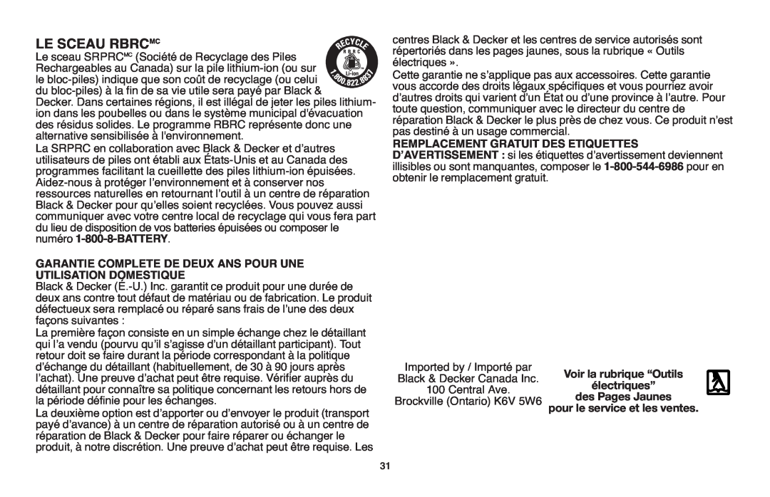 Black & Decker LST1018 instruction manual Le Sceau Rbrcmc, Garantie Complete De Deux Ans Pour Une Utilisation Domestique 