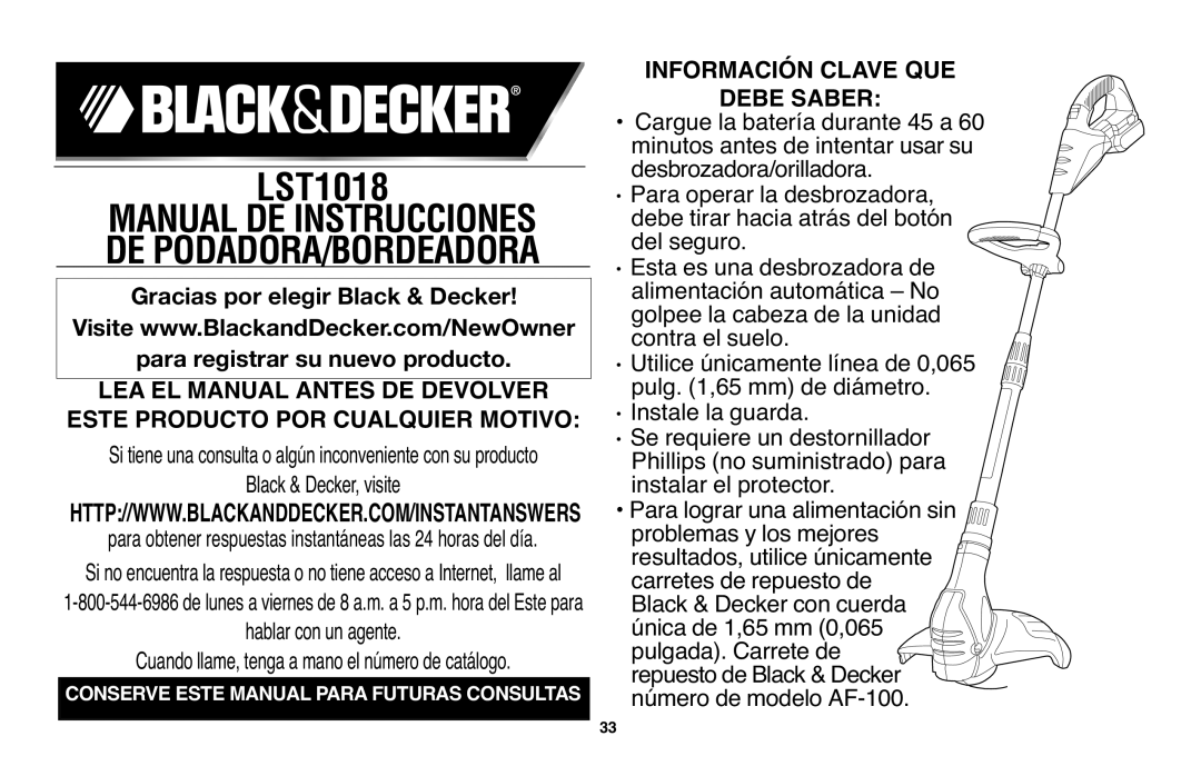 Black & Decker LST1018 Manual De Instrucciones De Podadora/Bordeadora, Gracias por elegir Black & Decker, Debe Saber 