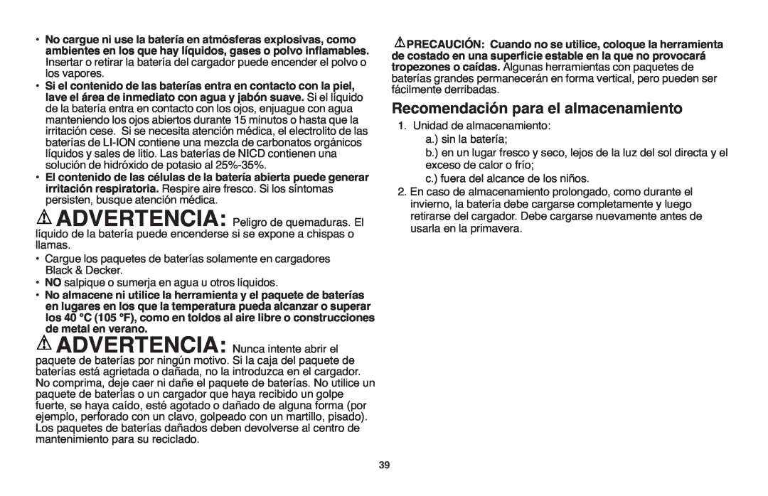 Black & Decker LST1018 instruction manual Recomendación para el almacenamiento 