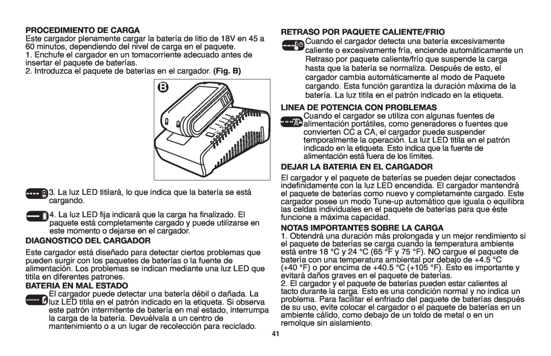 Black & Decker LST1018 Enchufe el cargador en un tomacorriente adecuado antes de, insertar el paquete de baterías.Fig. B 