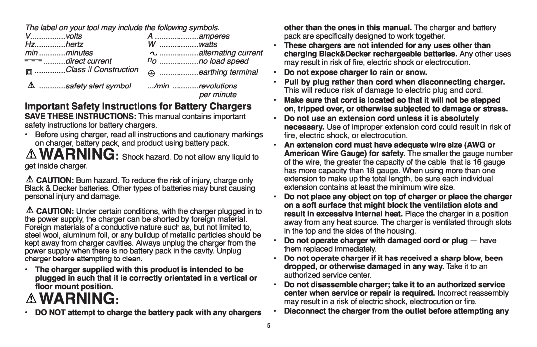 Black & Decker LST1018 Important Safety Instructions for Battery Chargers, volts, amperes, hertz, watts, minutes 