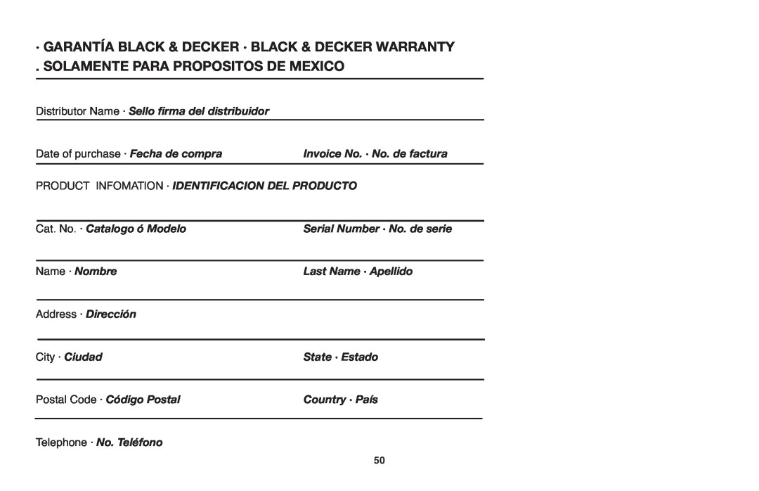 Black & Decker LST1018 · Garantía Black & Decker · Black & Decker Warranty, Solamente Para Propositos De Mexico 