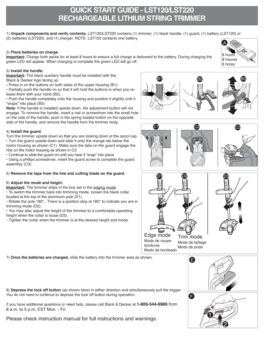 Black & Decker LST120 quick start Place batteries on charge, Install the handle, Install the guard 