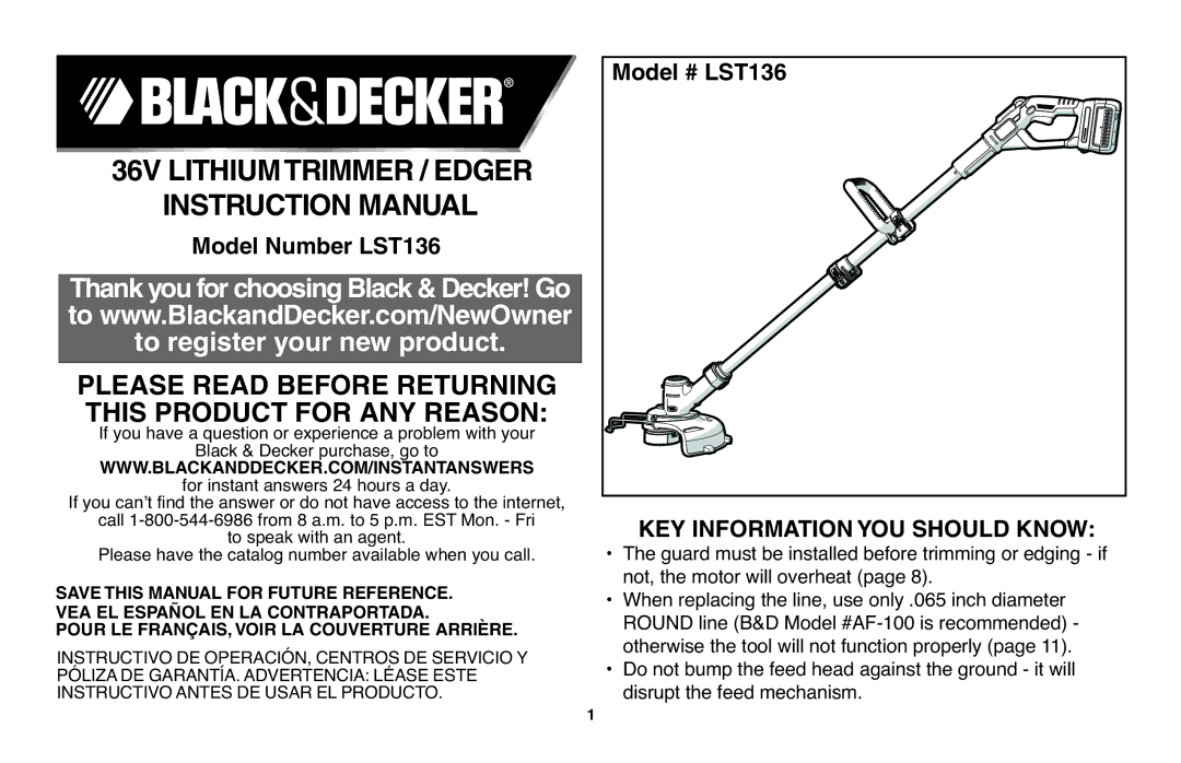 Black & Decker LST136-36V, LST136R instruction manual 36V LITHIUMTRIMMER/ Edger 