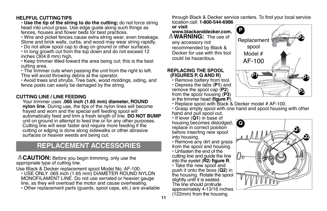 Black & Decker LST136R Replacement Accessories, CUTTINGYour trimmerLINE /usesLINE Feeding, Or visit, Replacing the Spool 