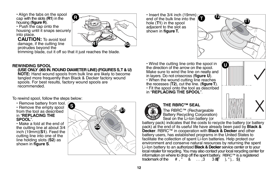 Black & Decker LST136 Tangled more frequently than Black & Decker factory wound, Replacing, Make a fold at the end, Spool 