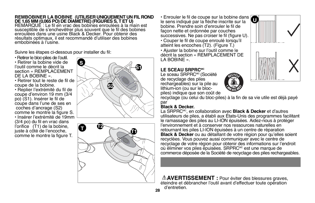 Black & Decker LST136-36V, LST136R Entretien, Rembobiner LA Bobine Utiliseruniquement UN FIL Rond, LE Sceau Srprc MC 