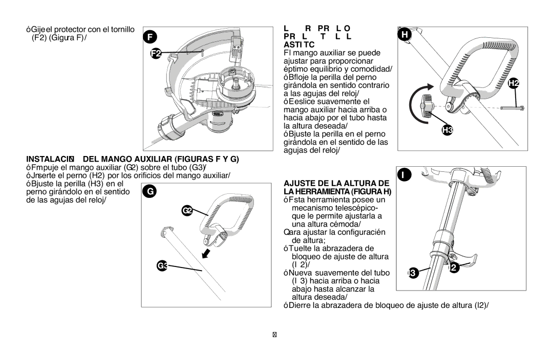 Black & Decker LST136R Instalación DEL Mango AU Xiliar Figuras F Y G, Empuje el mango auxiliar F1 sobre el tubo F2 